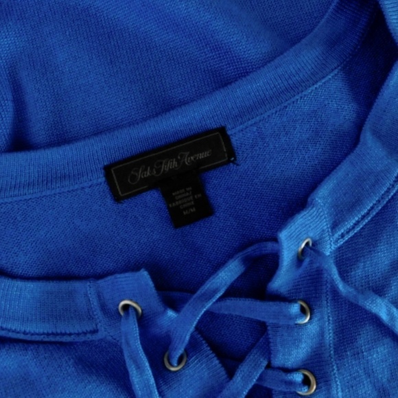 SAKS FIFTH AVENUE Blue Lace Up Silk Cashmere Pullover Sweater Solid Medium - Picture 8 of 10